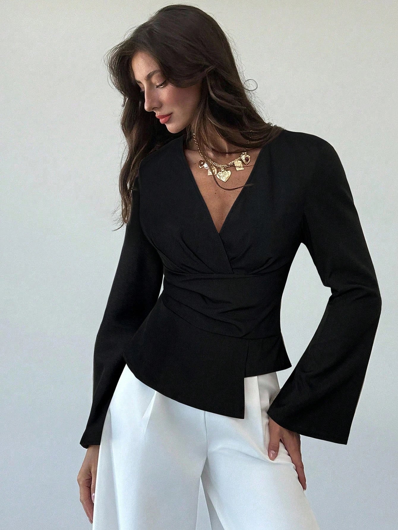 SOERA Chantelle Asymmetric Flare Sleeve Blouse - Tops - 1005010535439730-;iw1775118413246870651 Dark Grey S