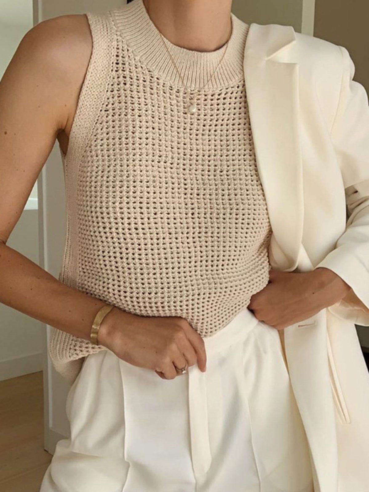 SOERA Jamilla Hollow Knit Tank Top - Tops -  Beige XS