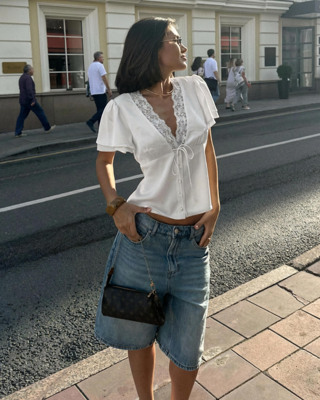 SOERA Rosette Lace Short Sleeve V - Neck Top - Tops - 1005009525072997-;qE1769414230040996902 White S